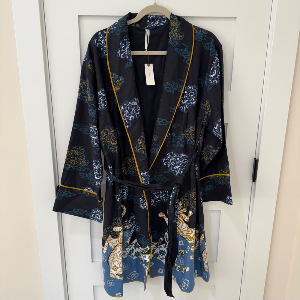 Anthropologie Kimono Jaguar Robe M/L Floral Belted Boho Asian Tiger Loungewear